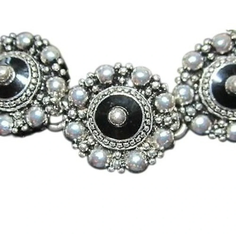 Rhinestone Black Enamel Flower‎ Link Bracelet Silver Tone Glamorous Statement